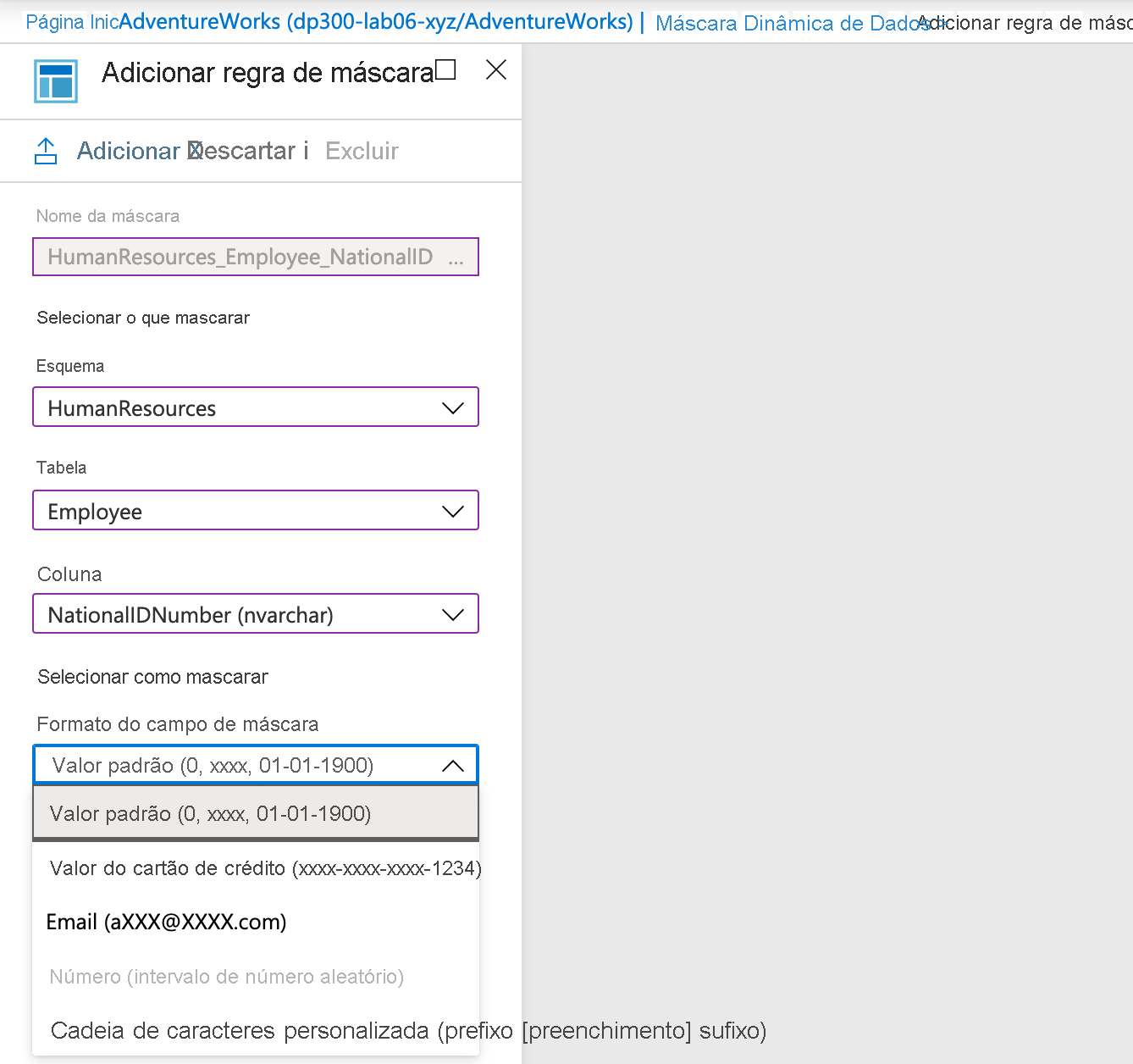 Captura de tela de como adicionar regra de mascaramento no portal do Azure.