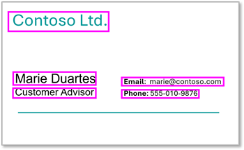 Diagrama de um cartão de visita com campos extraídos.