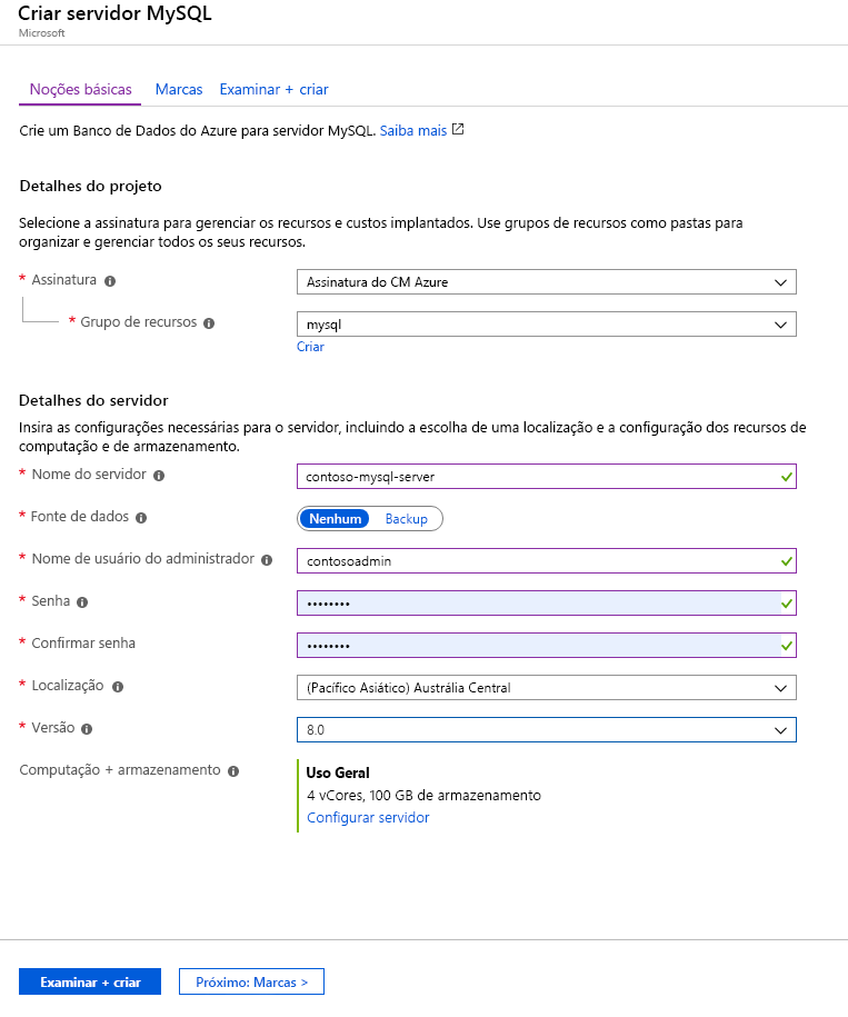 Screenshot showing a sample configuration for Azure Database for MySQL in the Azure portal.
