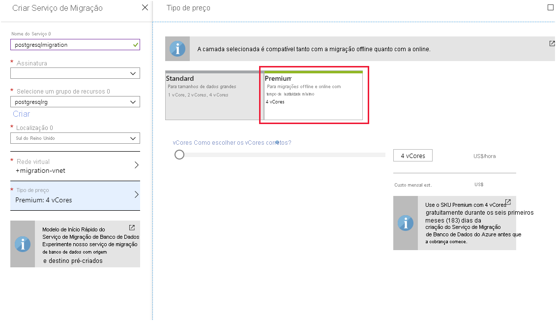 Imagem mostrando a configuração do Serviço de Migração de Banco de Dados do Azure. O usuário selecionou o nível de preço Premium