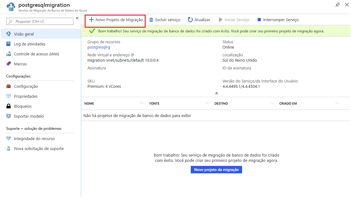 Imagem mostrando o Serviço de Migração de Banco de Dados do Azure recém-criado.