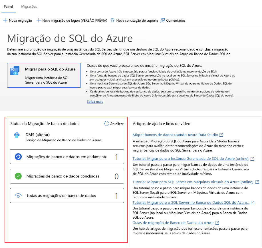 Captura de ecrã do dashboard de migração na extensão de migração do Azure para o Azure Data Studio.