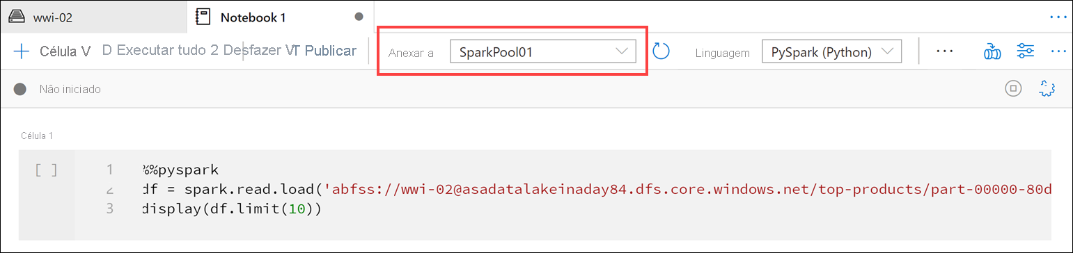 Selecione Spark pool O item de menu anexar ao pool do Spark é realçado.