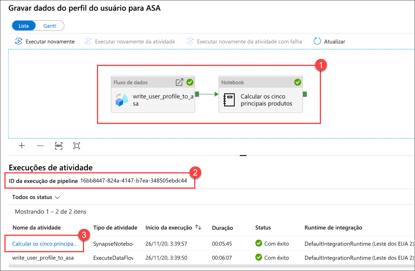 Gravar dados de perfil de usuário em detalhes do ASA Os detalhes de execução do pipeline são exibidos.