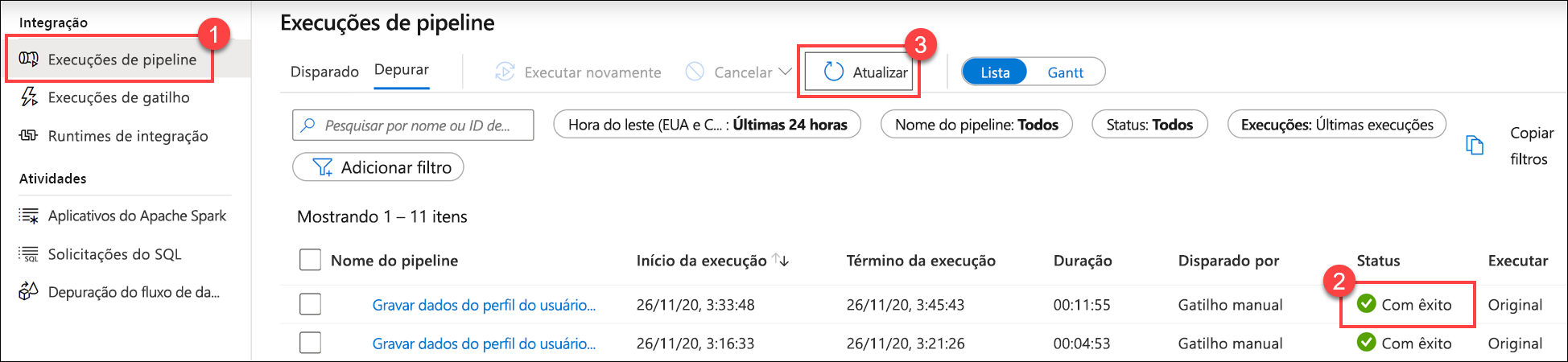 Execuções de pipeline A execução do pipeline foi bem-sucedida.