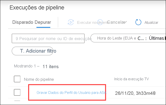 Execuções de pipeline O nome do pipeline está selecionado.