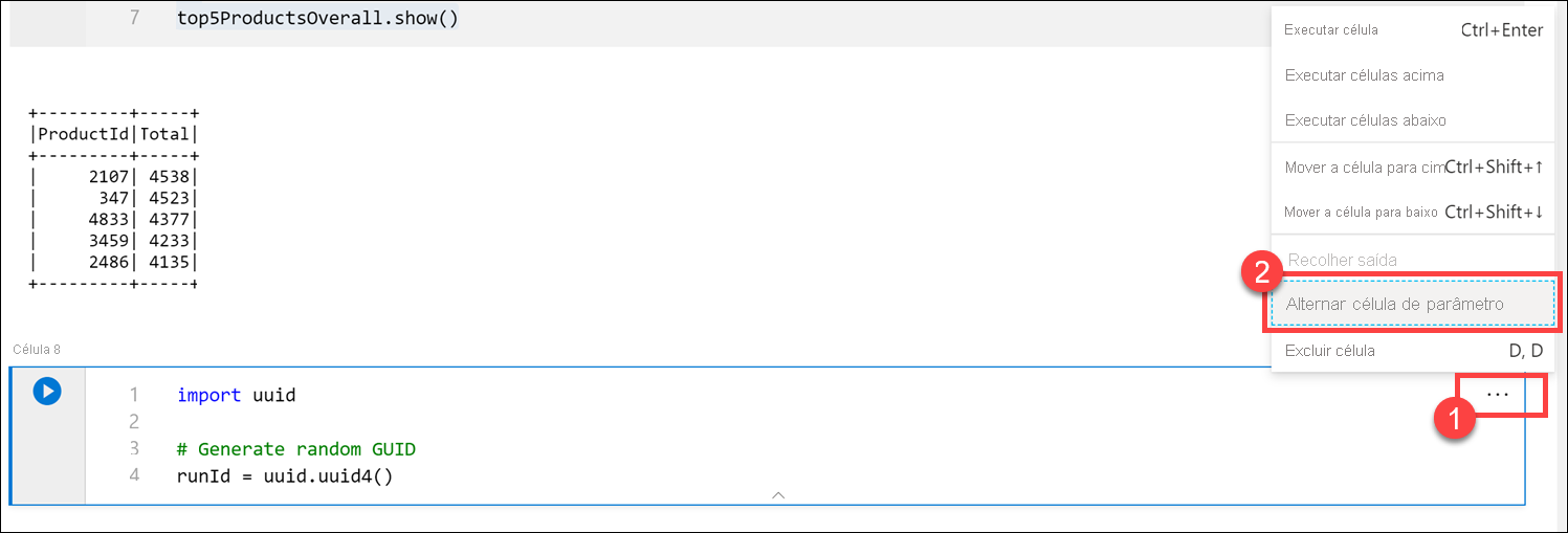 Alternar célula de parâmetro O item de menu é realçado.