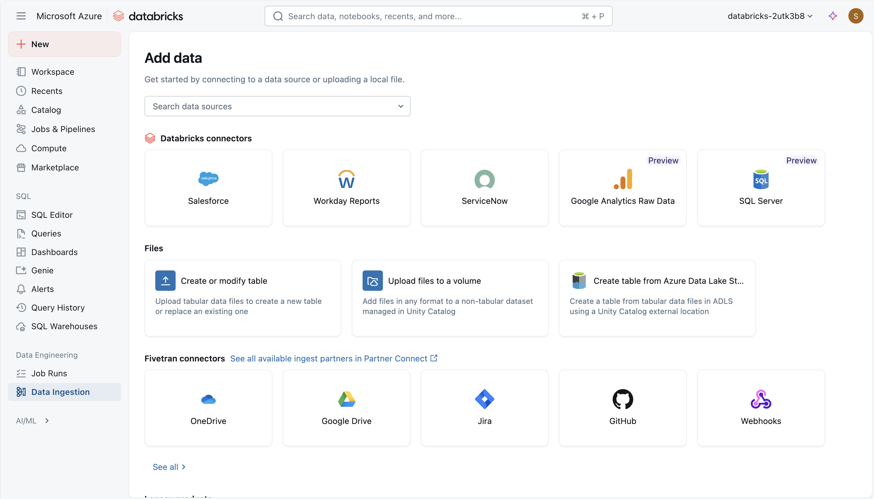 Captura de ecrã a mostrar a adição de dados ao Azure Databricks.
