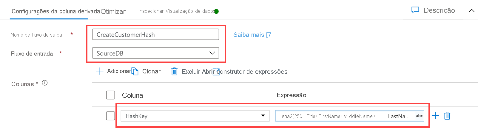 Configurações de coluna derivadas O formulário de configurações da coluna Derivada é configurado conforme descrito.