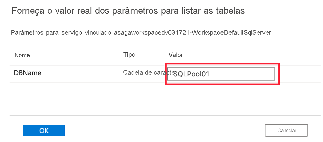 Forneça o valor real dos parâmetros para listar tabelas O parâmetro SQLPool01 é realçado.