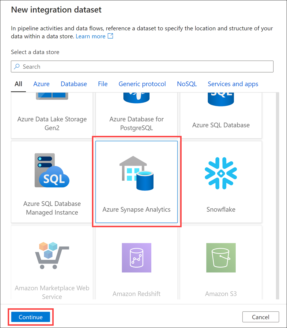 Novo conjunto de dados de integração O Banco de Dados SQL do Azure e o botão Continuar são realçados.
