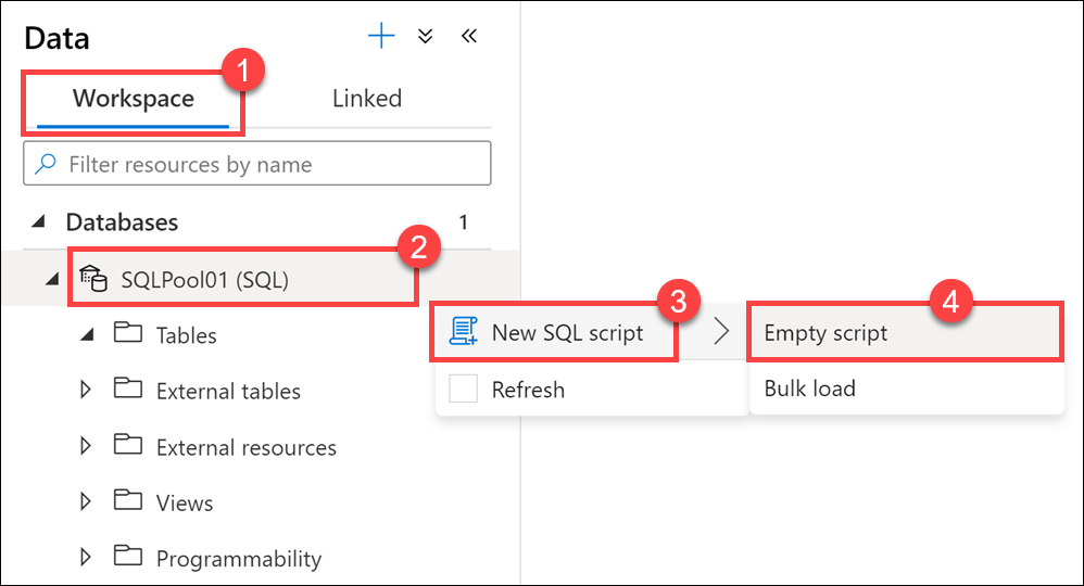 Novo script SQL O hub de dados é exibido com os menus de contexto para criar um novo script SQL.