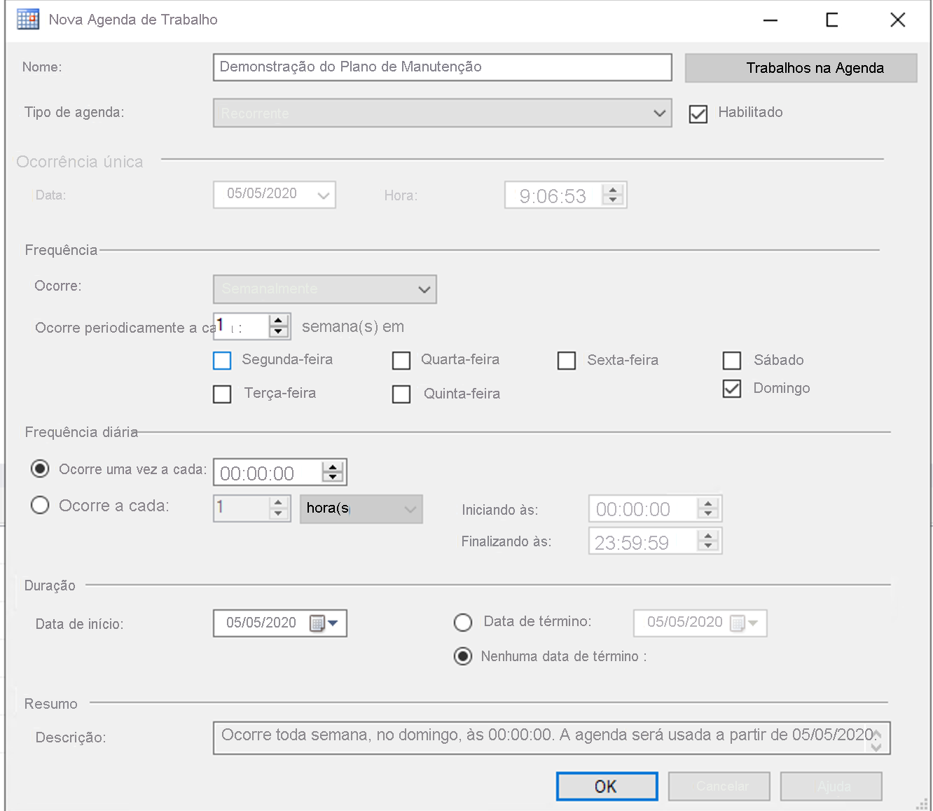 Captura de tela mostrando o agendamento de trabalho no SQL Agent.