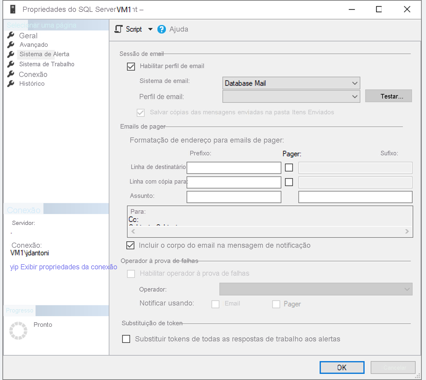 Captura de tela mostrando como habilitar o perfil de email nas propriedades do SQL Server Agent.