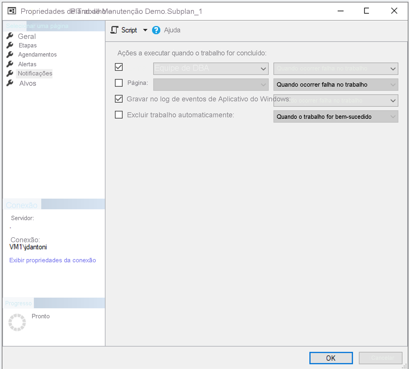 Captura de tela mostrando como atribuir um destinatário de notificação para falhas de trabalho.