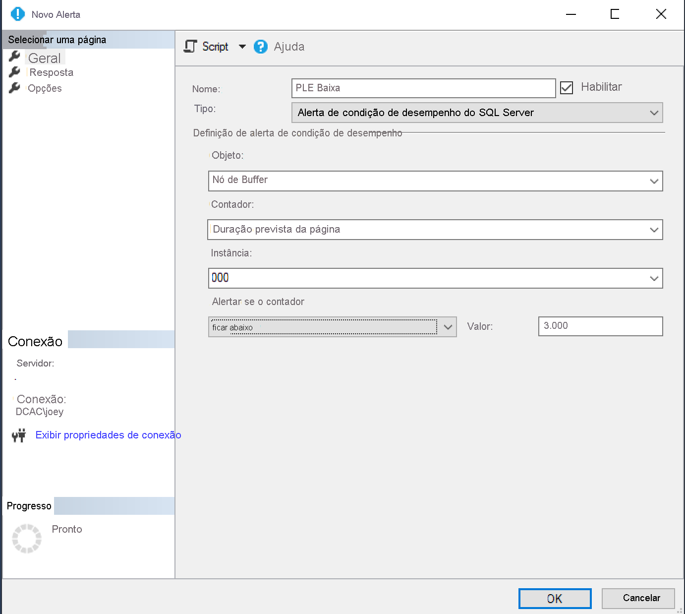 Captura de ecrã a mostrar como criar um alerta.
