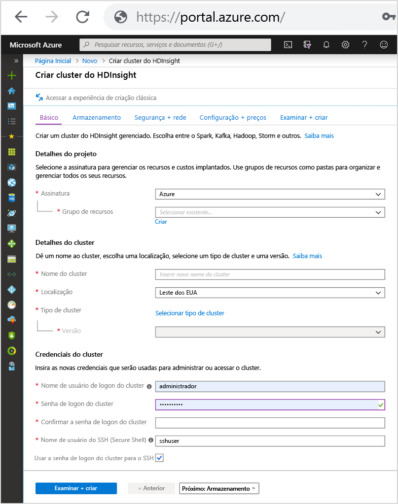 A screenshot of the basic tab in the Create HDInsight Cluster screen in the Azure portal