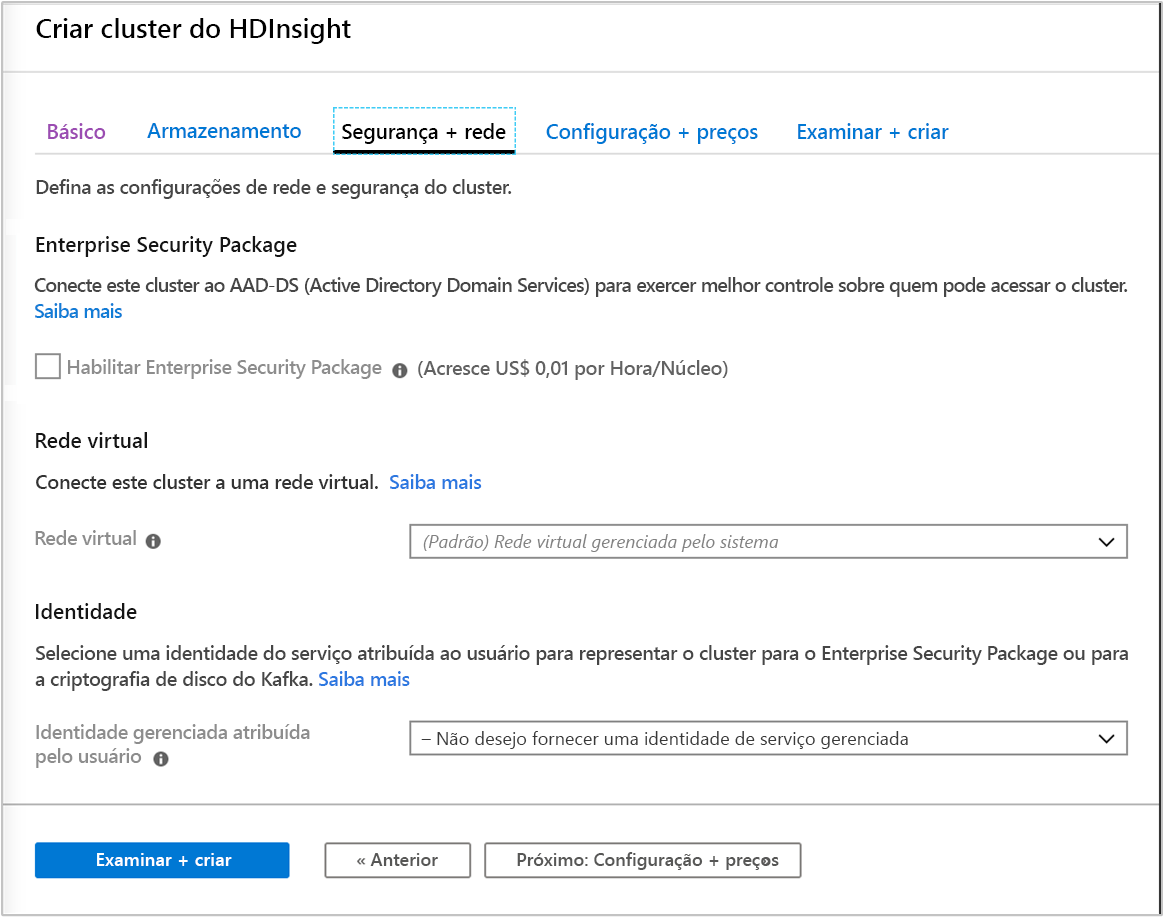 A screenshot of the Security and Networking tab in the Create HDInsight Cluster screen in the Azure portal