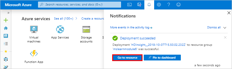 A tela de implantação bem-sucedida do HDInsight no portal do Azure.