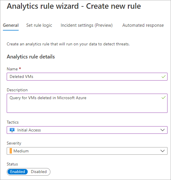 Screenshot of the page for creating a new rule in the Analytics Rule wizard.