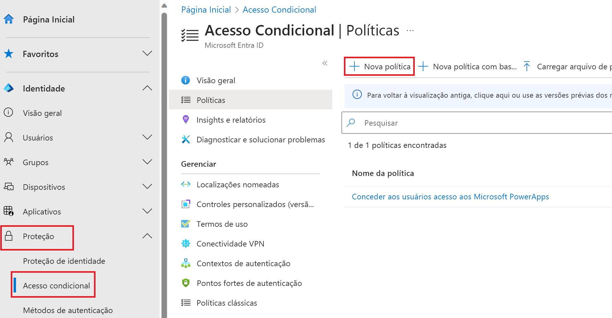 Screenshot of the Conditional Access blade with New policy highlighted.