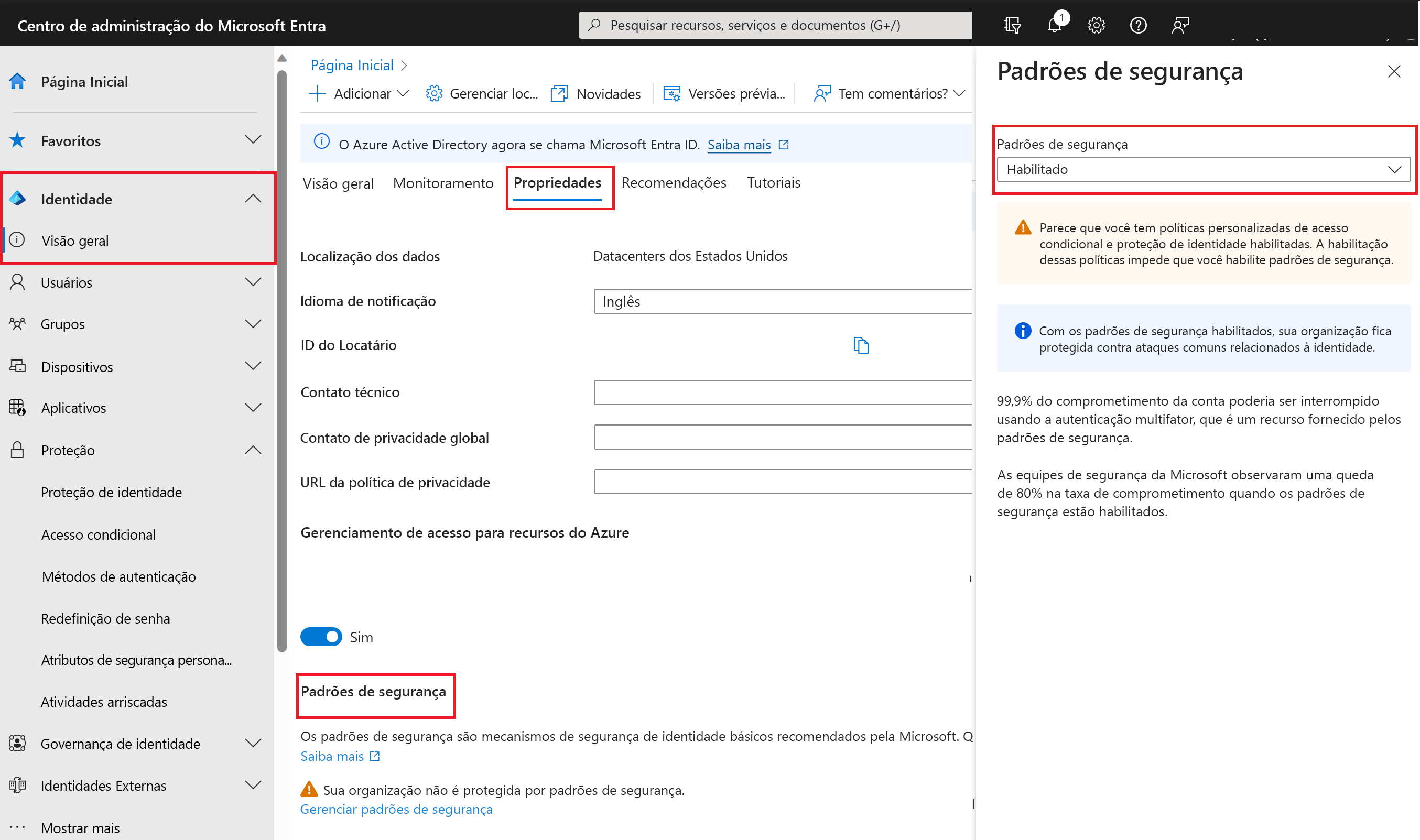 Screenshot of the Microsoft Entra admin center with the toggle to enable security defaults.
