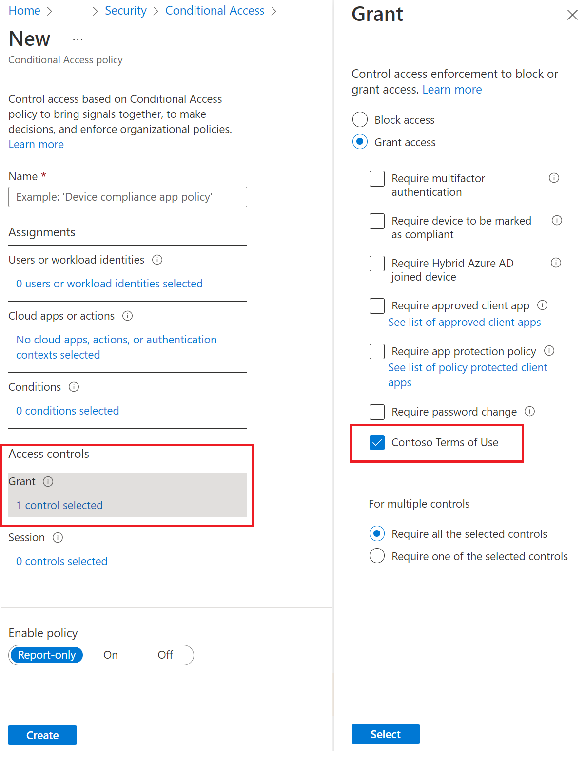 Captura de ecrã da página de configuração de acesso condicional do Microsoft Entra que mostra a adição de regras de Termos de Utilização para poder aceder a recursos.