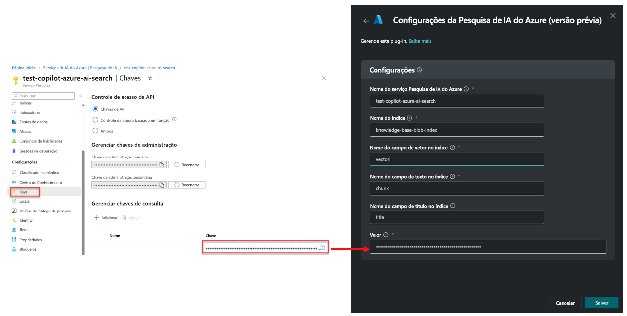 Captura de tela da chave Azure AI Search que é copiada para o campo de valor do plug-in.