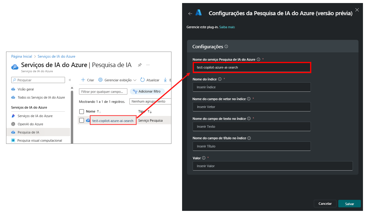 Captura de tela que destaca a instância de pesquisa cujo nome você copia no campo de instância de pesquisa do Azure AI para o plug-in.