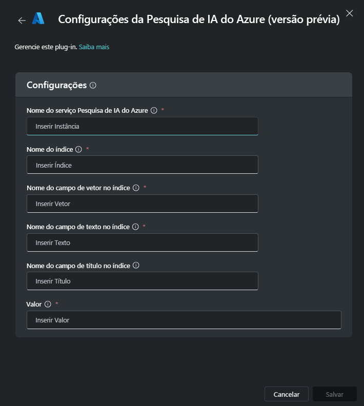 Captura de tela dos parâmetros do plug-in do Azure AI Search.