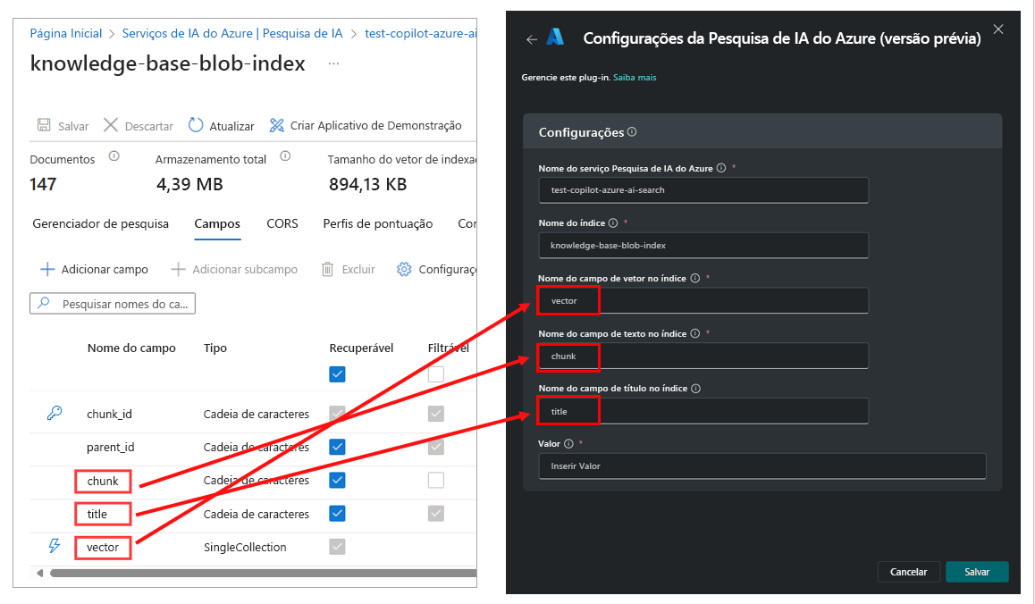 Captura de tela dos nomes de campo do índice do Azure AI Search apontando para os campos correspondentes na janela de parâmetros do plug-in.