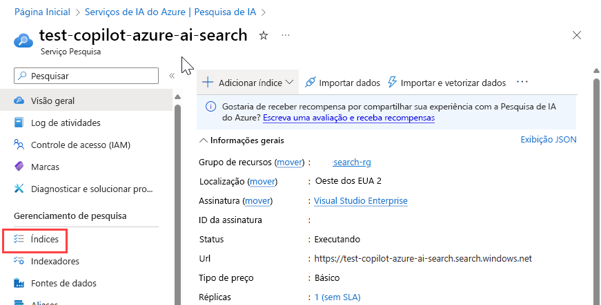 Captura de tela destacando a opção de índices na página de instância de pesquisa do Azure AI.