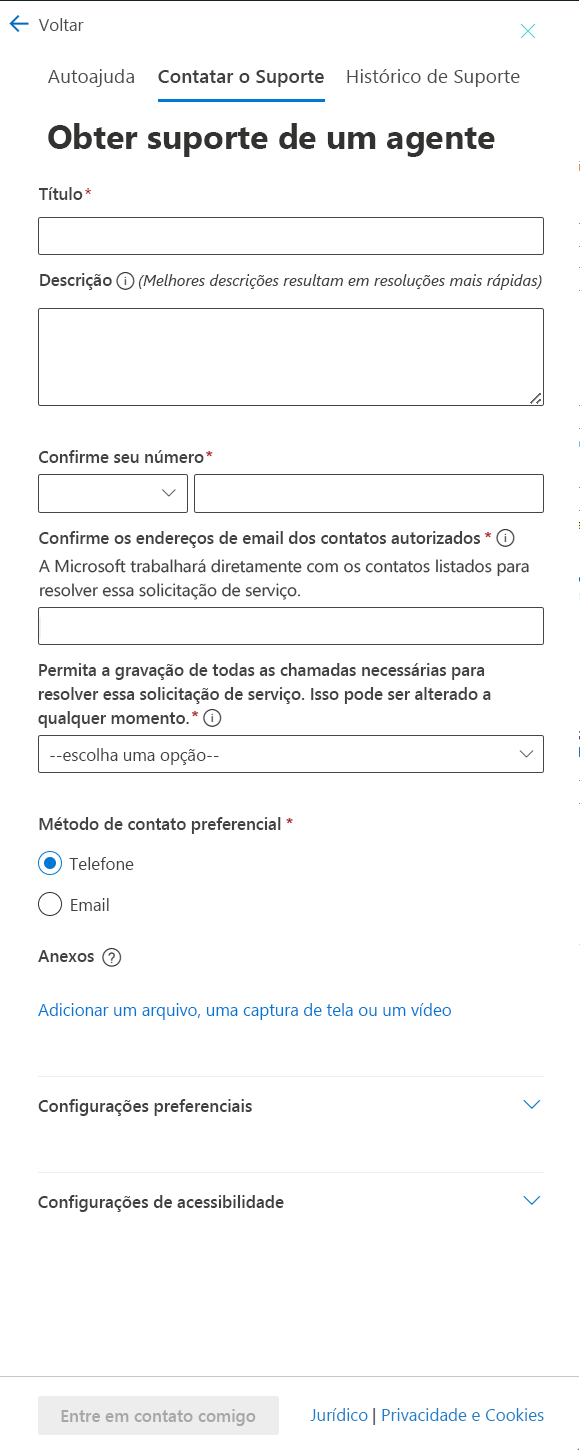 Captura de tela mostrando o formulário para obter suporte de um agente.