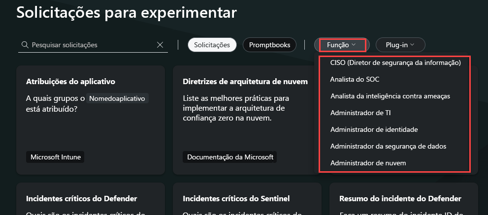 Captura de tela mostrando a página inicial do Copilot com o menu suspenso do filtro de função mostrado.