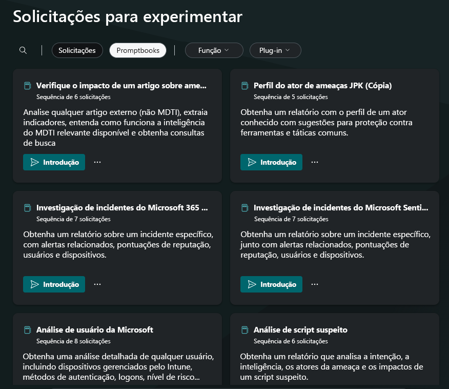Captura de tela mostrando a página de destino do Copilot com promptbooks para experimentar.