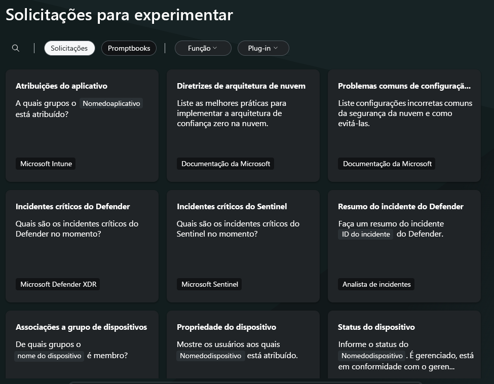 Captura de tela mostrando a página de destino do Copilot com prompts para tentar.