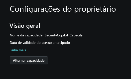 Captura de tela mostrando as configurações do proprietário, especificamente focada em informações de capacidade.