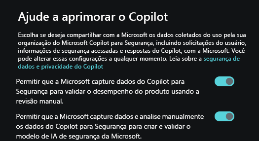 Captura de tela mostrando as configurações do proprietário, especificamente focada em opções de compartilhamento de dados.