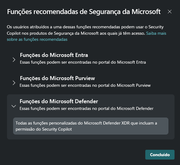 Captura de tela mostrando as funções de Segurança da Microsoft recomendadas. Estes incluem as funções Microsoft Entra, Microsoft Purview e Microsoft Defender.