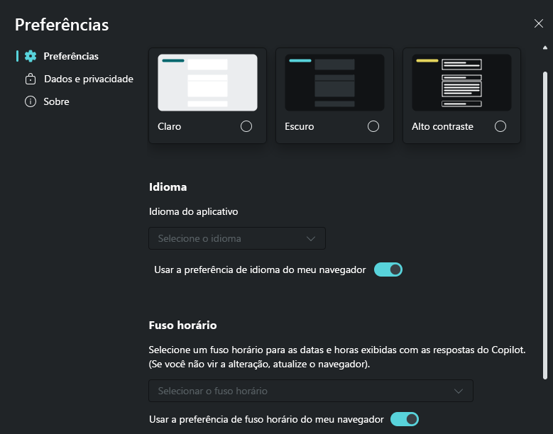 Captura de tela mostrando as preferências que podem ser configuradas por qualquer usuário.