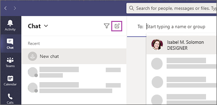 Para iniciar um chat, selecione Novo chat na parte superior da sua lista de chats.