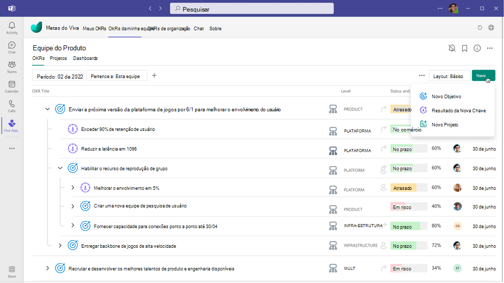 Captura de ecrã a mostrar a integração entre Viva objetivos e o Microsoft Teams.