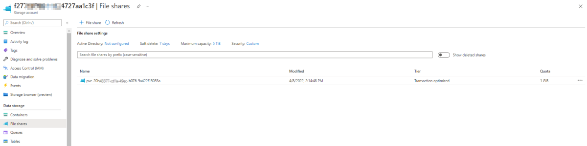 Captura de tela da seleção de compartilhamentos de arquivos na conta de armazenamento.