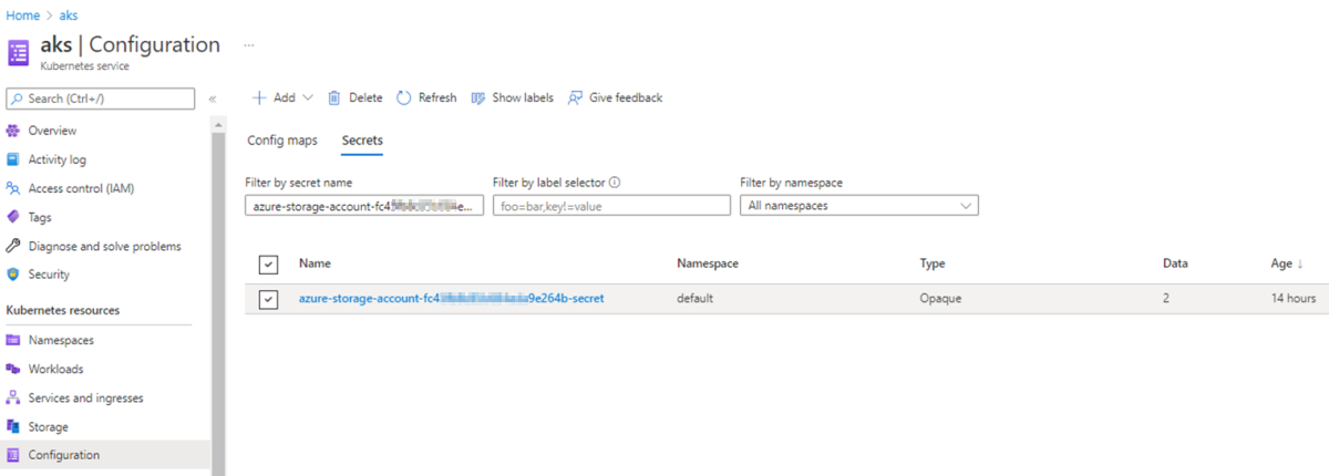 Captura de tela da pesquisa e seleção da conta de armazenamento.