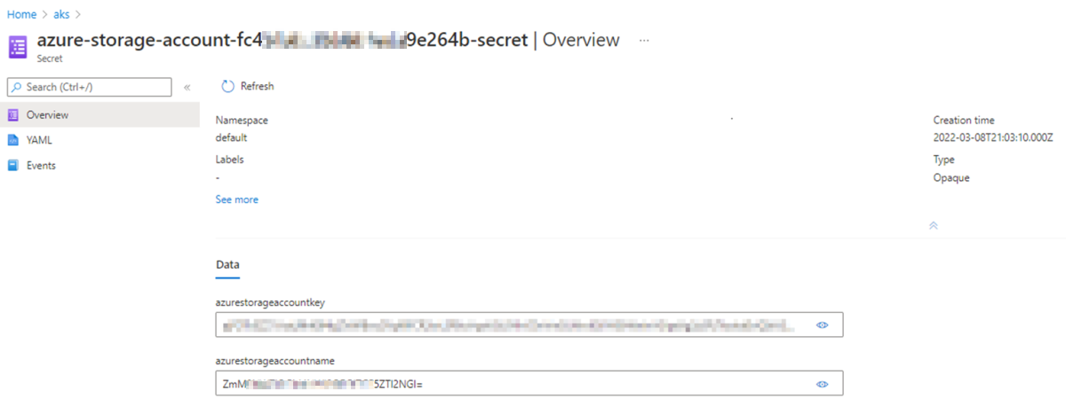 A captura de tela mostra o nome da conta de armazenamento e a chave em um segredo.