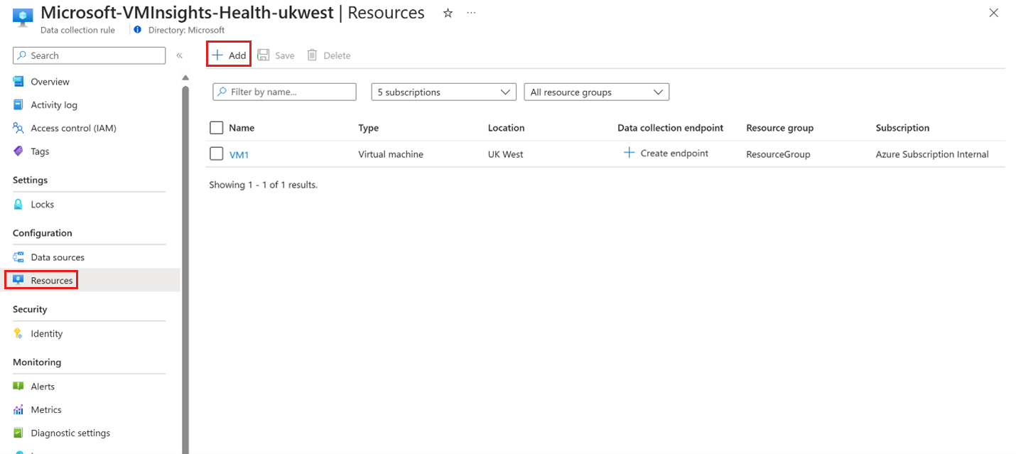 Captura de tela do portal do Azure da página Recursos da regra de coleta de dados.