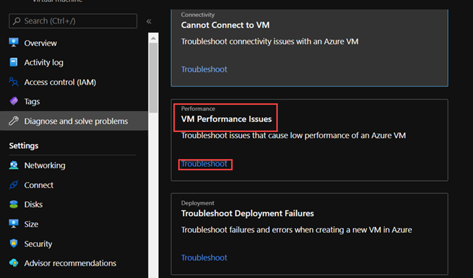 Captura de tela que mostra a guia Diagnosticar e Resolver Problemas na folha VM e o link Solução de Problemas em Problemas de Desempenho da VM.