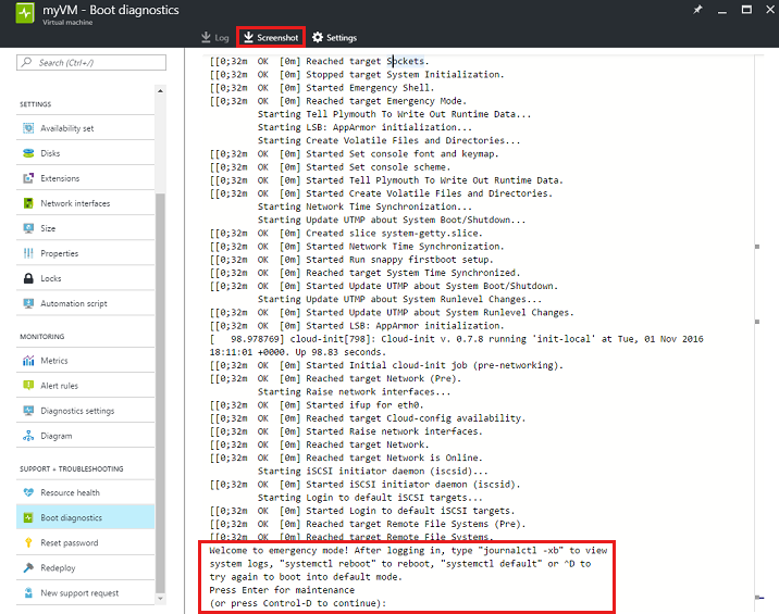 Captura de tela da exibição dos logs do console de diagnóstico de inicialização VM.