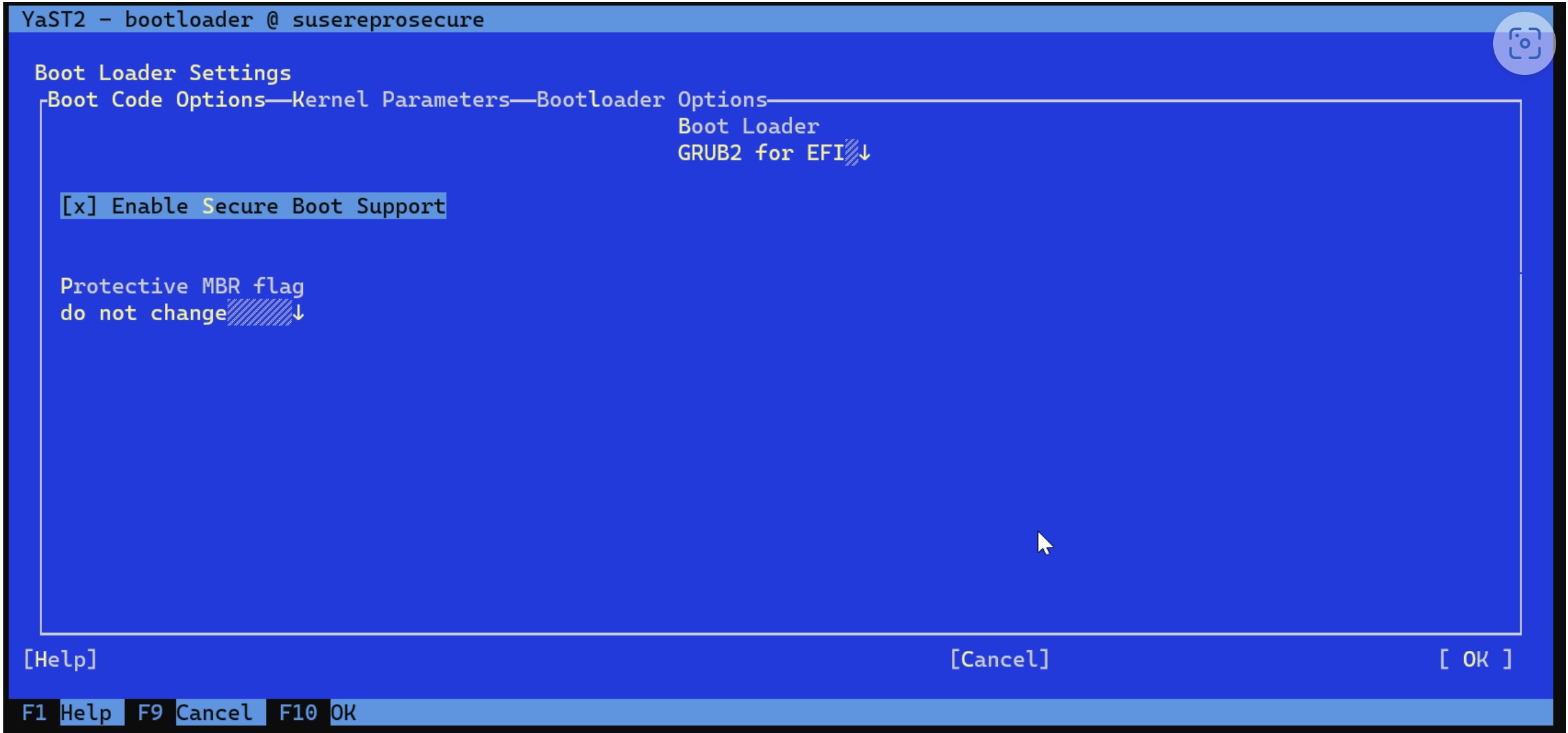 Captura de tela das configurações do carregador de inicialização do YaST2 no console do SUSE.