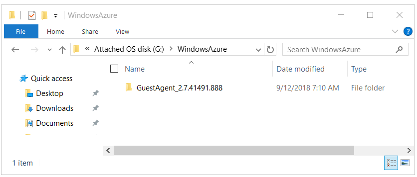 Captura de tela de um exemplo de pasta GuestAgent no disco do sistema operacional anexado.